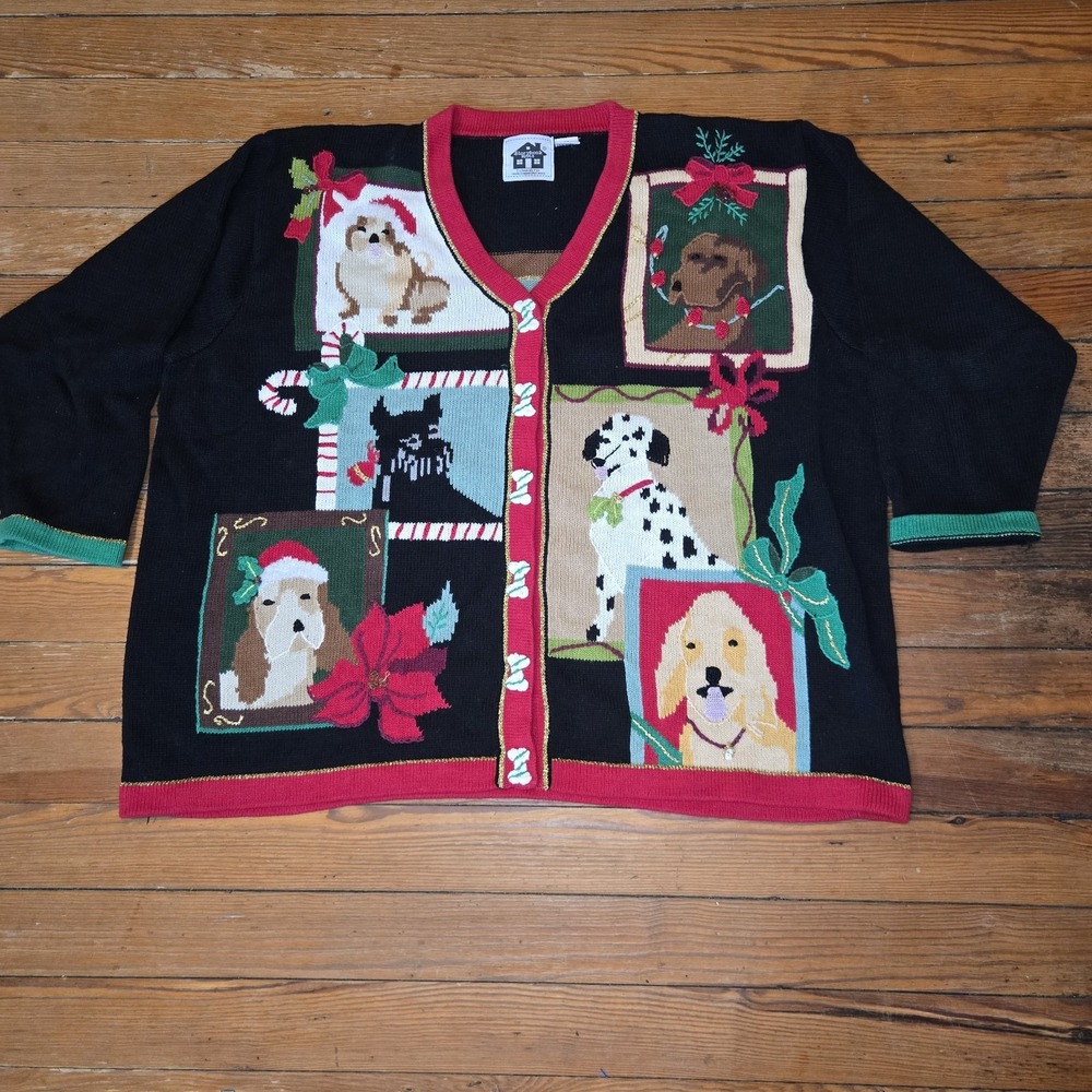 VTG Storybook Knits Patchwork Whimsical Christmas Dog Sweater Cardigan Size 3x